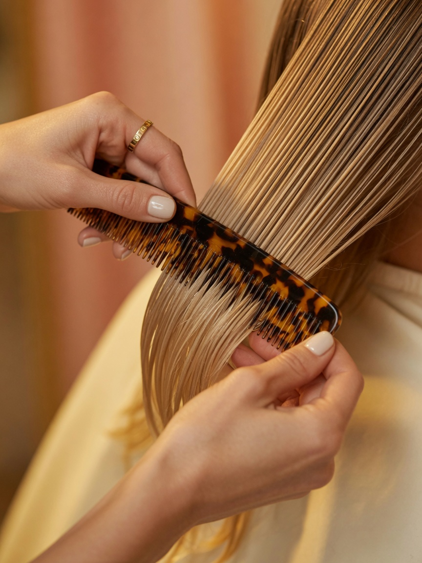 Manos seccionando cabello rubio champán.